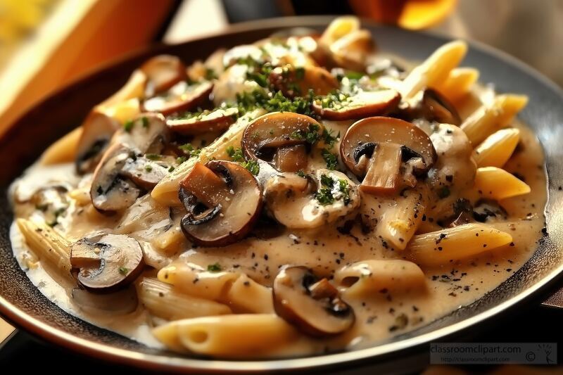 Creamy Mushroom Penne Pasta With Fresh Parsley Garnish