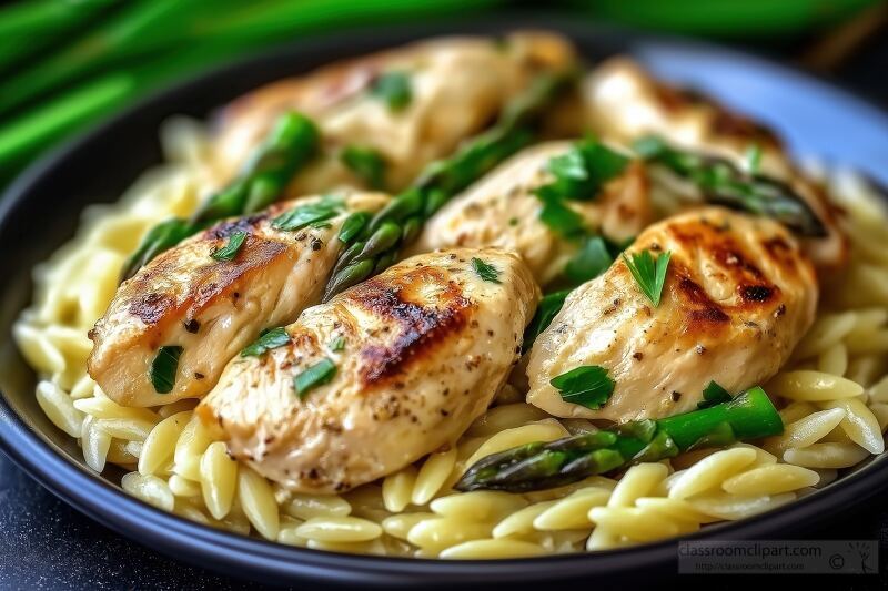 Creamy Orzo Pasta Topped With Chicken and Asparagus