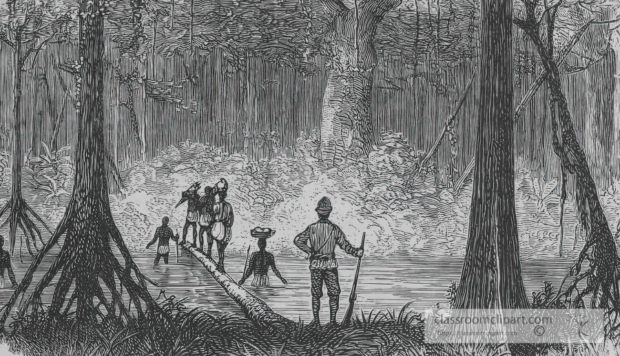 crossing a river on a fallen tree historical illustration africa