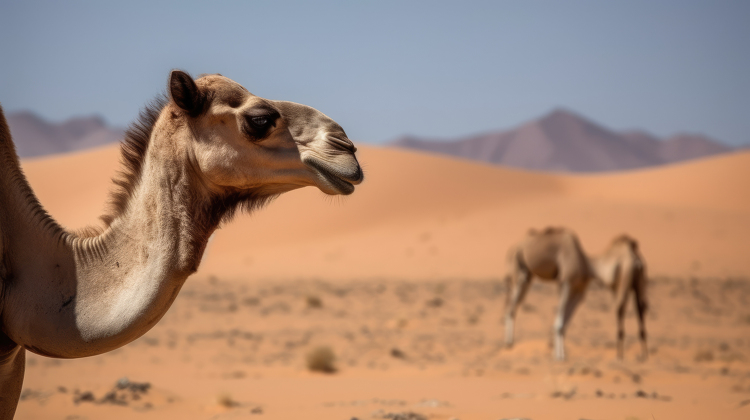 curious camel wandering through the desert