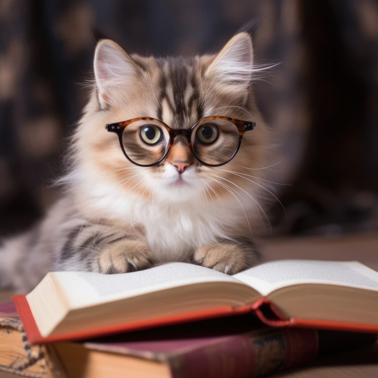 cute cat wearing glasses reading a book