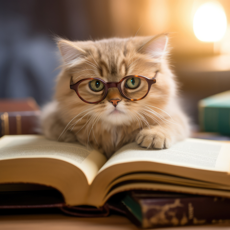 cute cat wearing glasses with paw on an open bookx