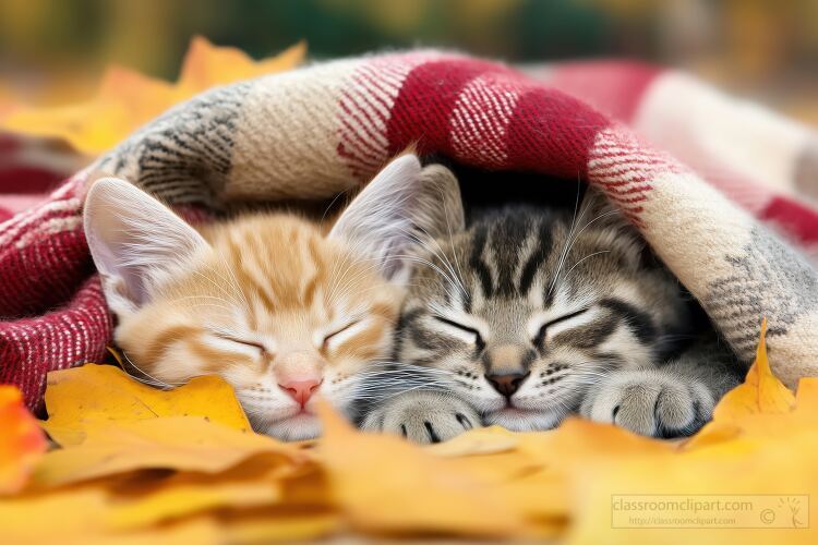 Cute kittens cozied up under a warm blanket peacefully sleeping