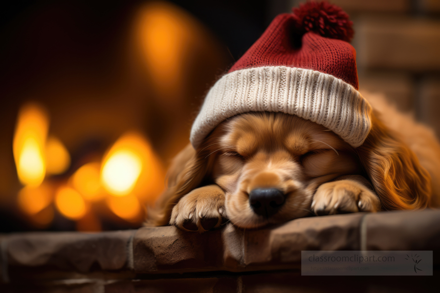 cute little dog sleeps near a fire place during the christmas ho