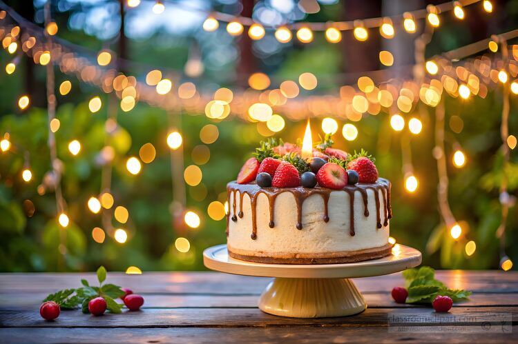 Decorated birthday cake with a single candle set outdoors