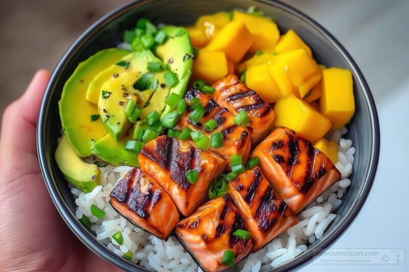 Delicious Rice Bowl With Grilled Salmon and Fresh Toppings