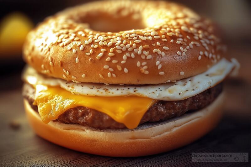 Delicious Sesame Seed Bagel Sandwich With Beef Patty and Egg