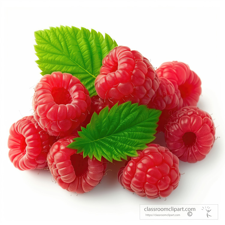 detailed image of a bunch of raspberries vibrant green leaves