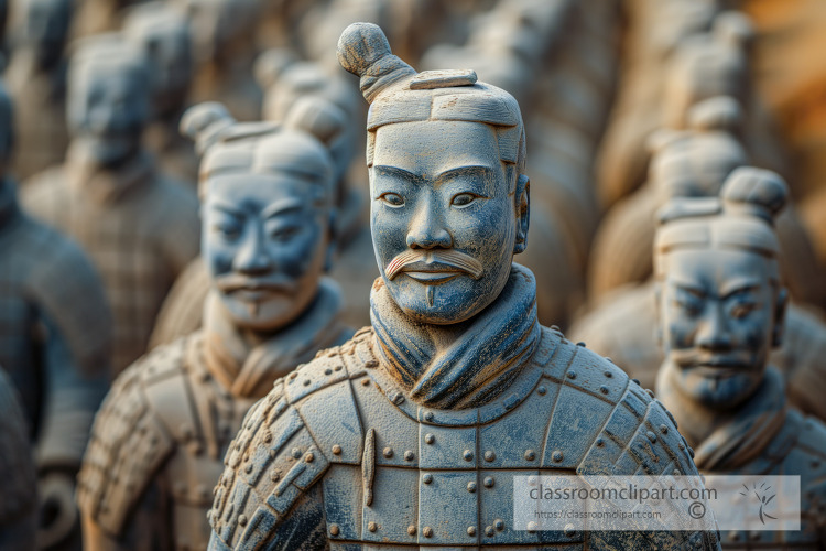 Detailed view of a terracotta warrior statue with a blurred back