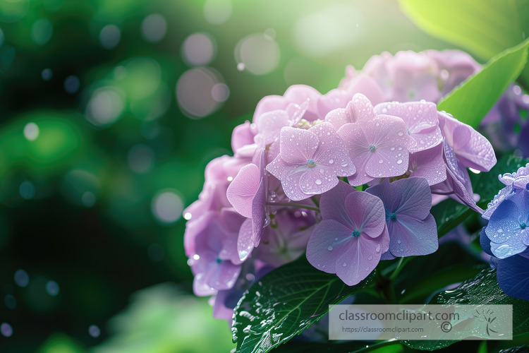 dew covered blue hydrangeas with a soft bokeh background