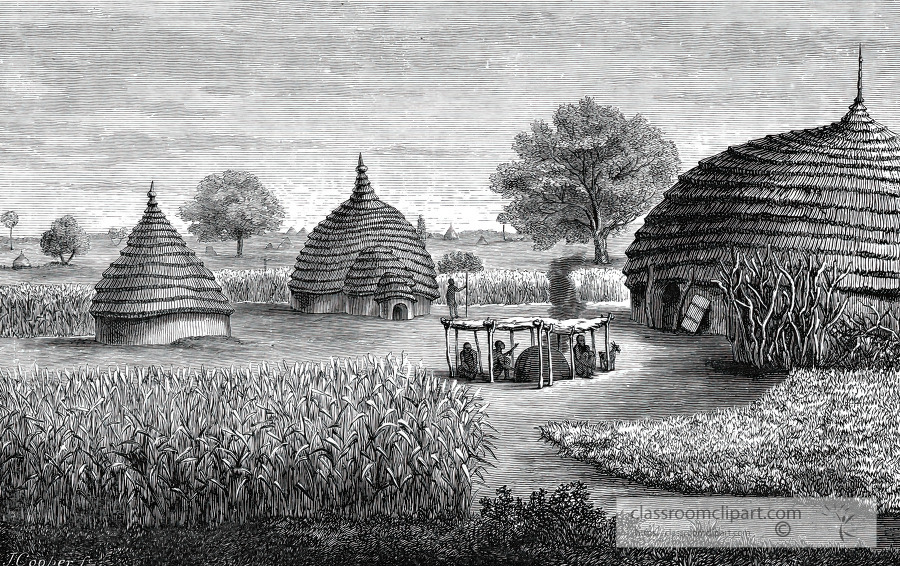 dinka village near the  nile historical illustration africa