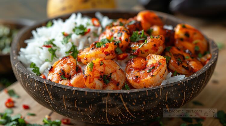 dish of freshly cooked shrimp and white rice in a wooden bowl