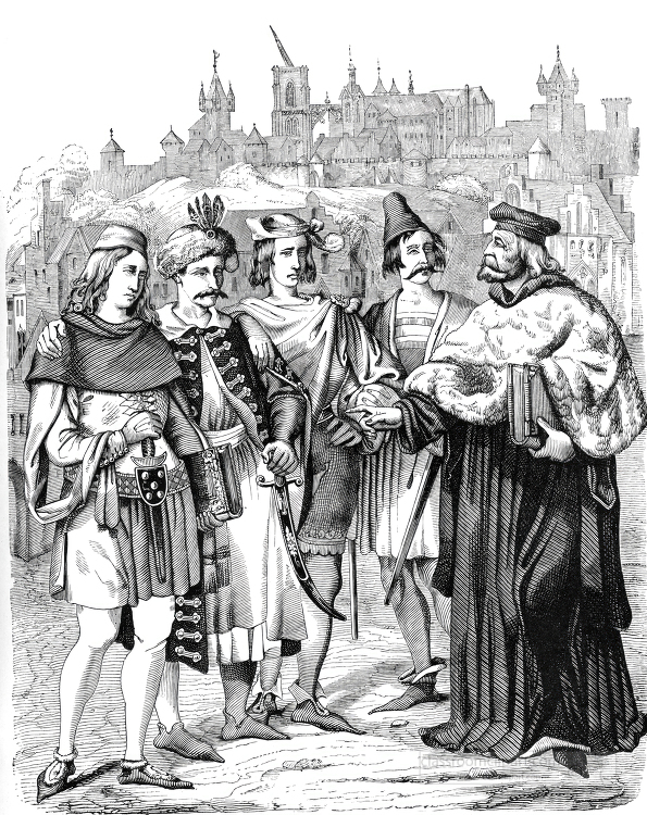 drawing of a group of men in medieval clothing