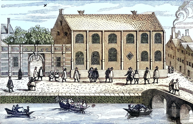 drawing of a Leyden University with people in boats