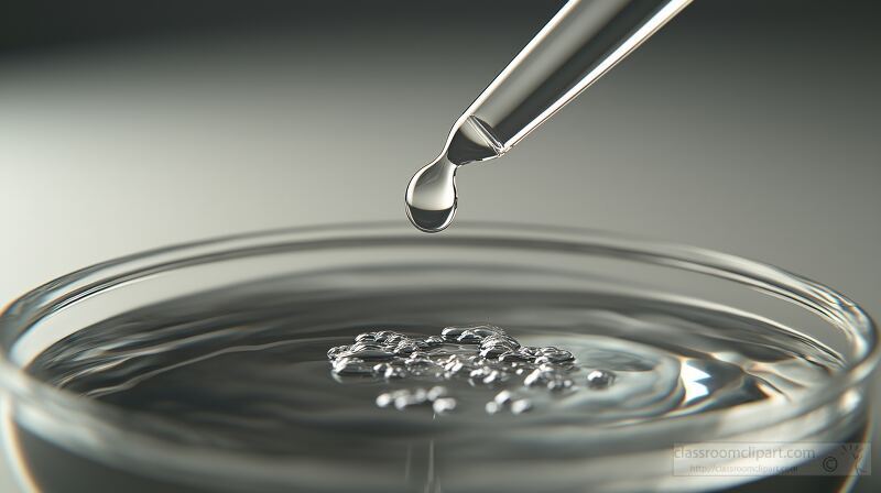 Droplet of liquid falling from a pipette into a clear dish of water under soft lighting