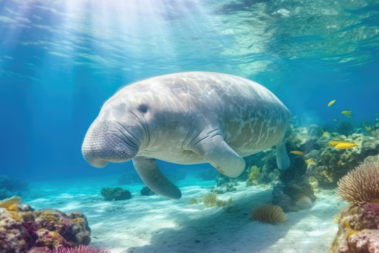dugong swimming underwater in coral reef