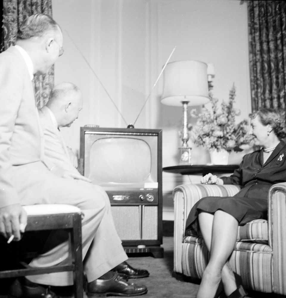 Dwight and Mamie Eisenhower watching a television