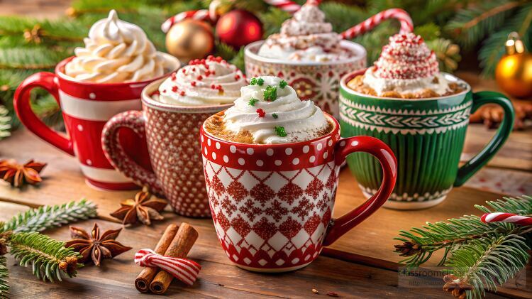 Festive mugs filled with whipped cream and holiday sprinkles