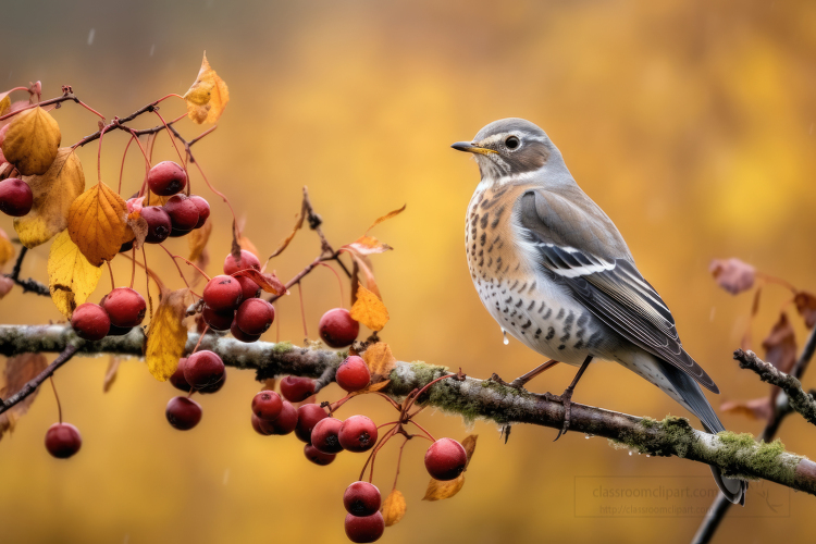 Fieldfare bird perched on the branch in the fall