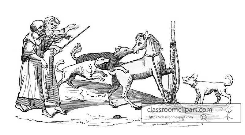 fight between a horse and dogs illustration
