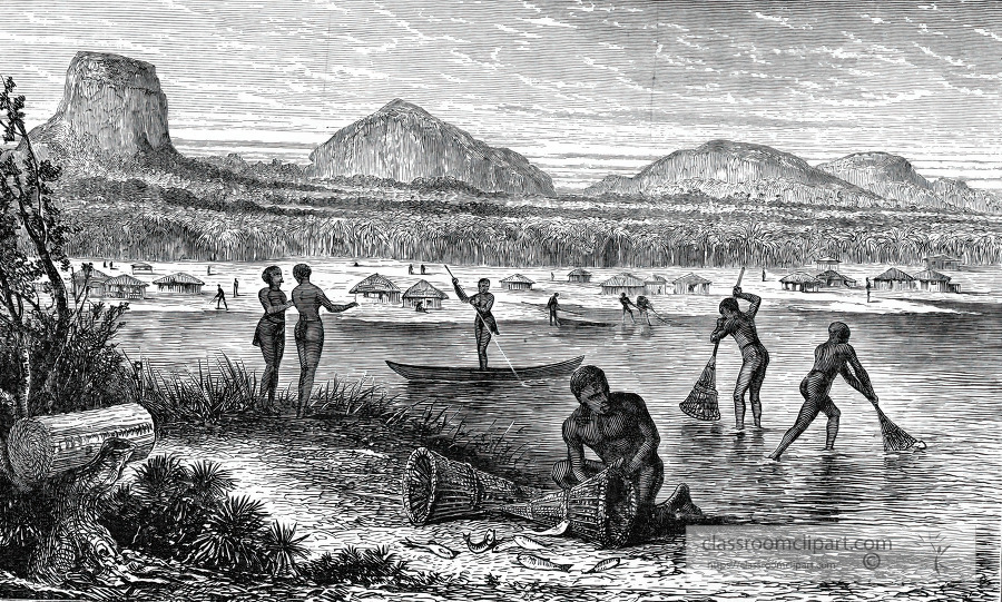 fishing village in an african lake historical illustration afric