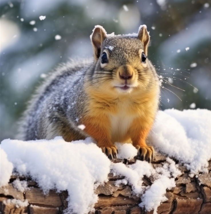 Fox Squirrel sitting on a log in snow