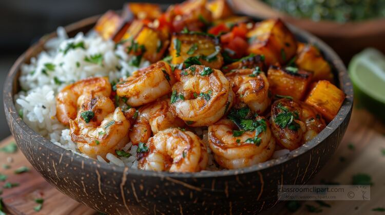 fresh cooked shrimp on top of white rice with cilantro