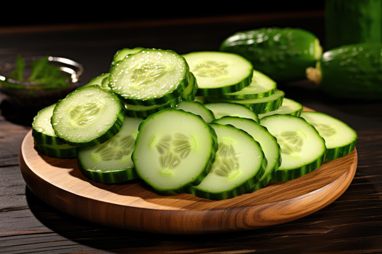 Fresh cucumbers sliced on a round wood platter
