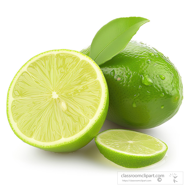 fresh green limes with one sliced in half