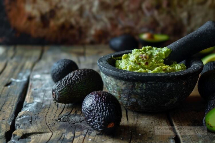 fresh guacamole dip in a black mortar with pestle 