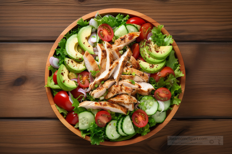 fresh healthy salad with chicken tomatoes cucumbers and avocado