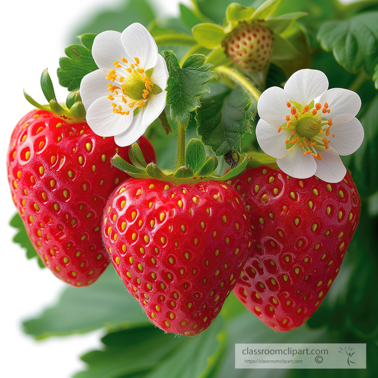 fresh strawberries with white flowers and green leaves