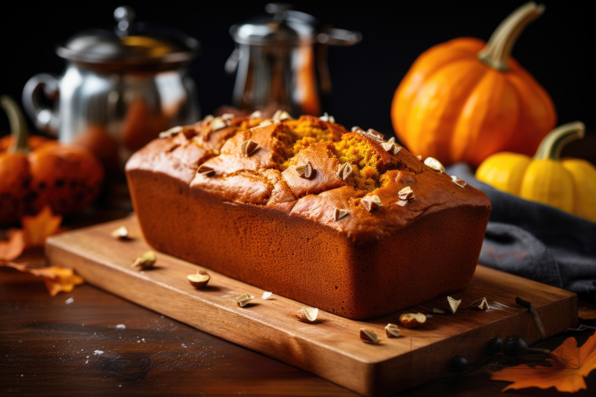 freshly baked loaf of pumpkin bread rests on a wooden cutting bo