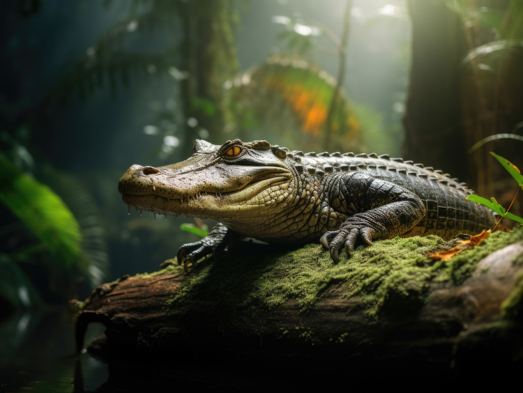freshwater crocodile basking in the morning sun in the jungle