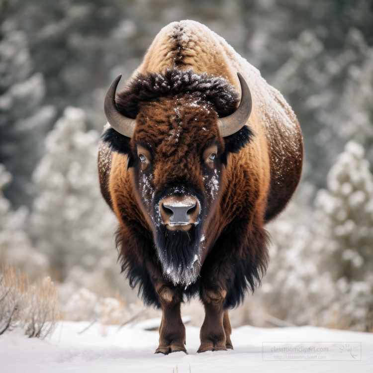 front view of bison standing in the snow