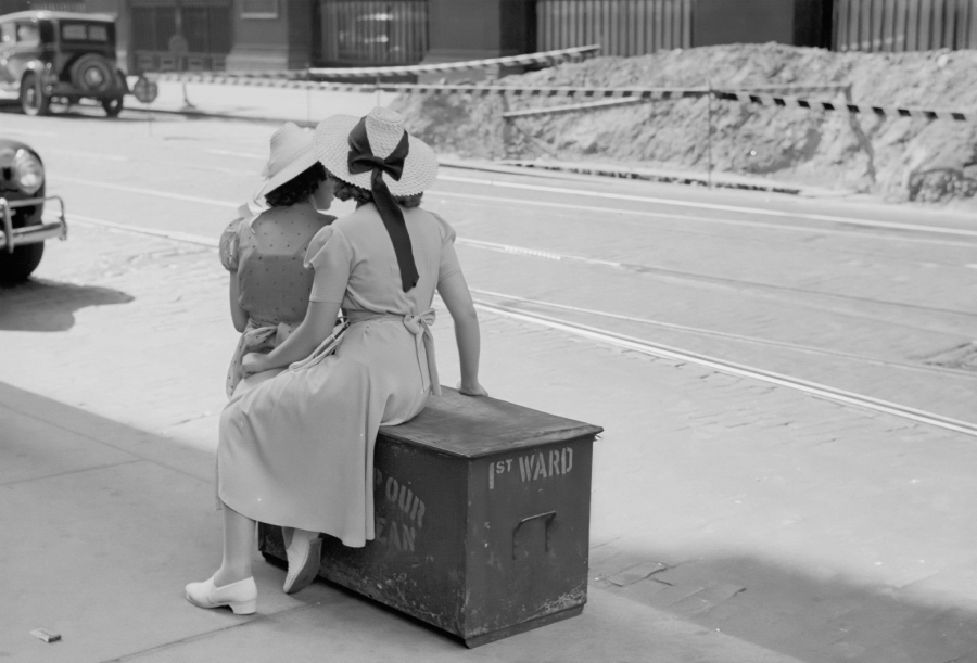 Girls waiting for street car Chicago Illinois