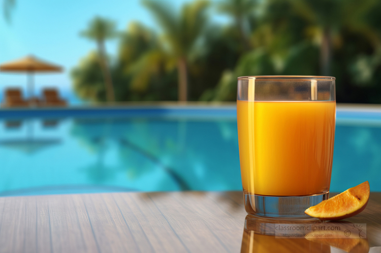 Beverage Pictures-glass of orange juice on a table by a pool