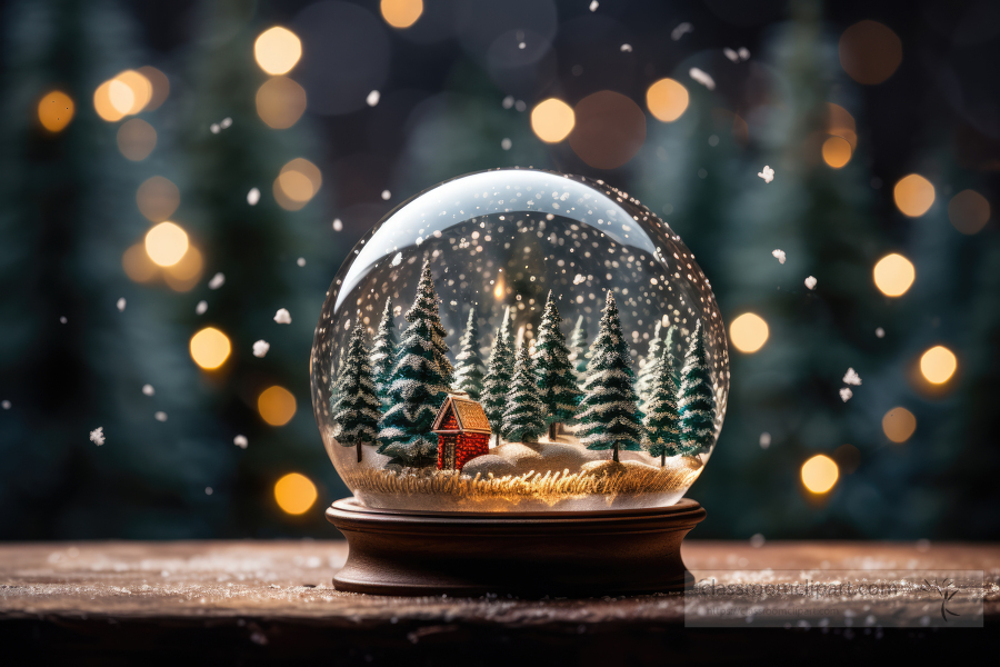 glass snow globe with trees on a snowy christmas winter day