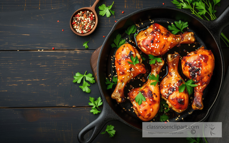 Glazed baked chicken legs with sesame seeds and mixed spices in 