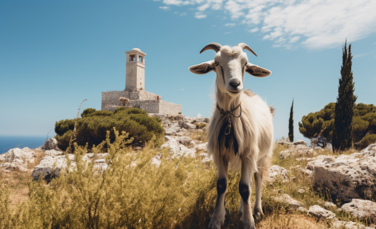 goat standing along the rocky coast in greece
