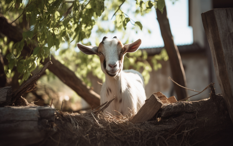 goat standing near a tree on a farm