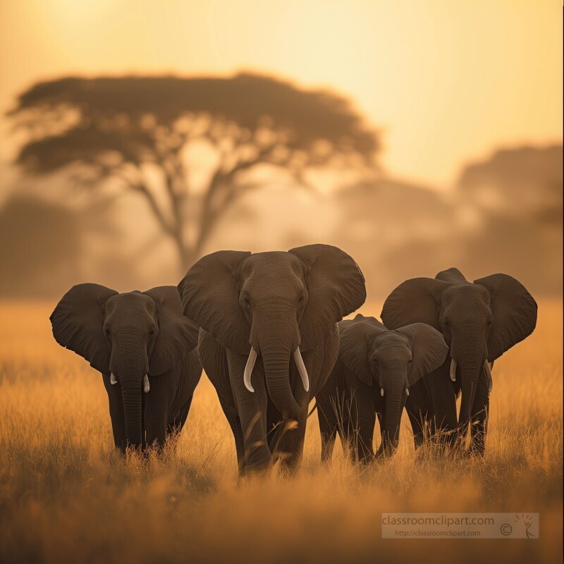 Golden hour in the savanna with a family of elephants