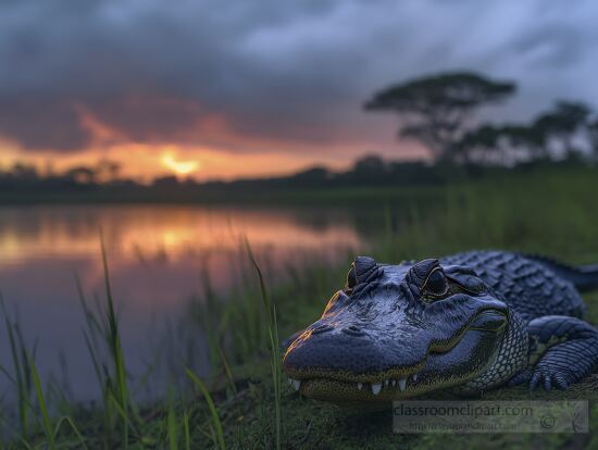 golden hues of the sunset reflect on the lake beside a resting 