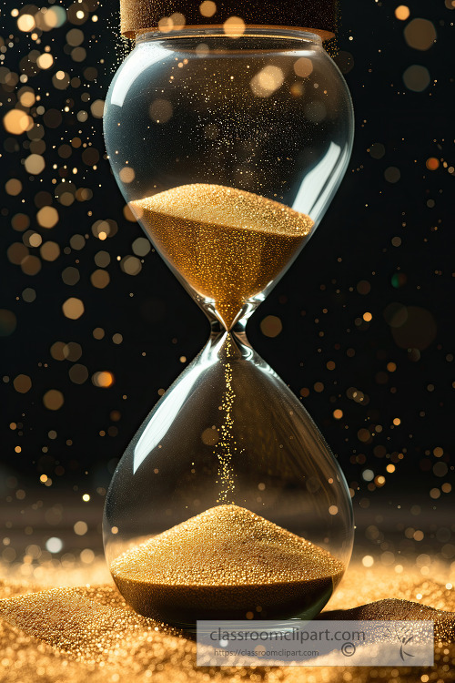 Golden sand running through the narrow center of an hourglass