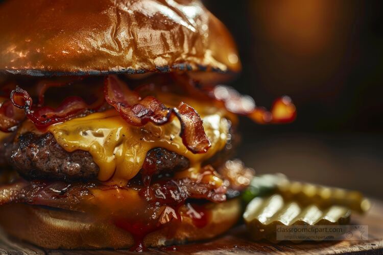 gourmet burger with melted cheese and crispy bacon strips with a