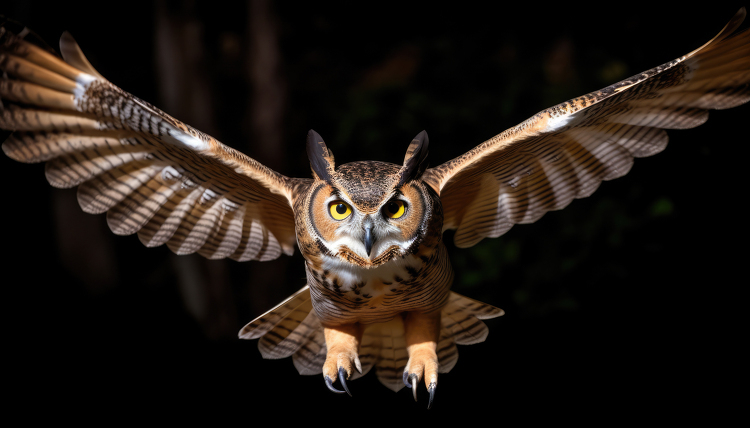 great horned owl wings extended in flight