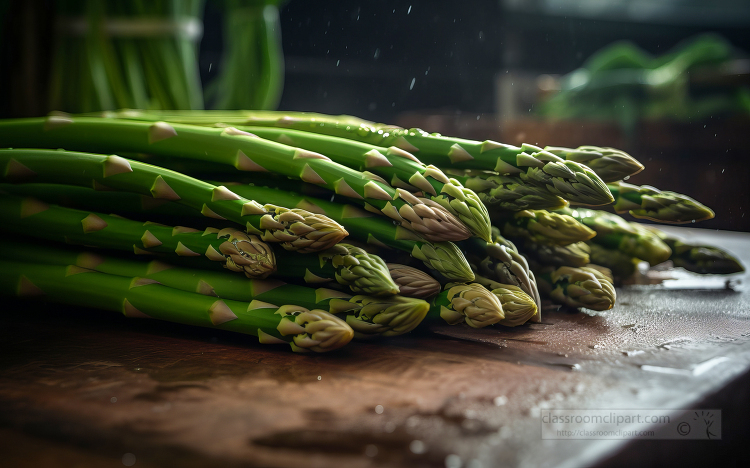 green asparagus on a cutting board with water droplets