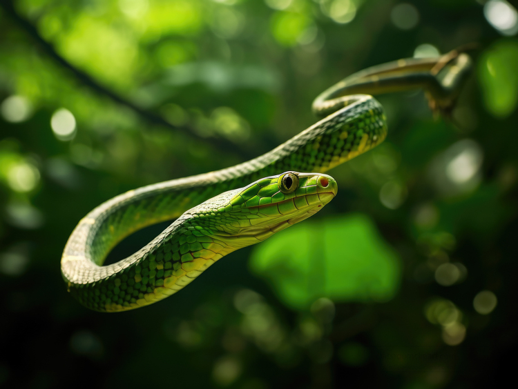 green snake gliding through a tropical canopy