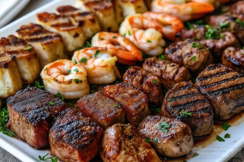 Grilled Meat Platter Featuring Steak and Shrimp With Herbs