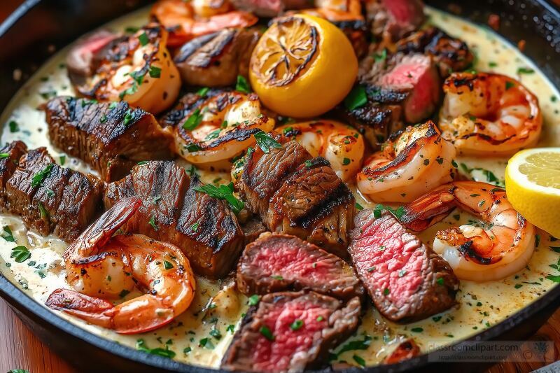 Grilled Shrimp and Steak Skillet With Creamy Sauce